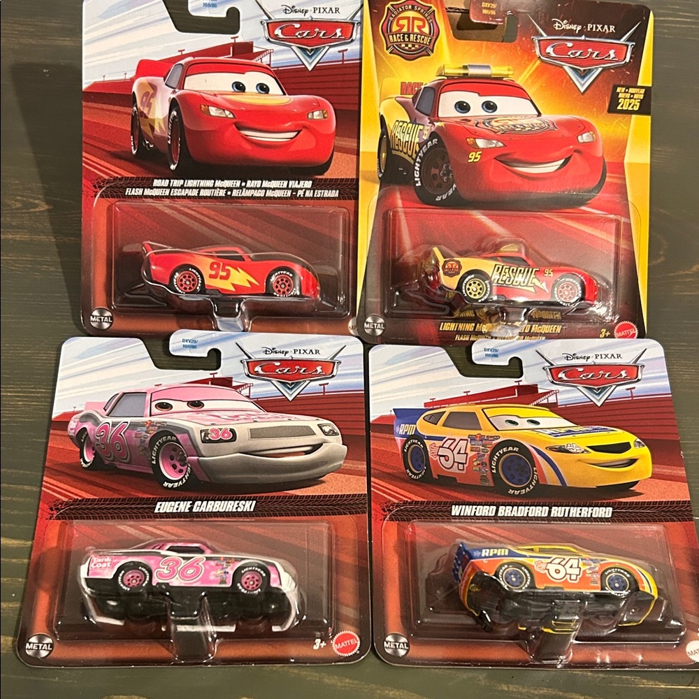 Set of 4 DISNEY PIXAR CARS 2-LIGHTNING MCQUEEN R-TRIP/RESCUE-EUGENE C-WBR FORD